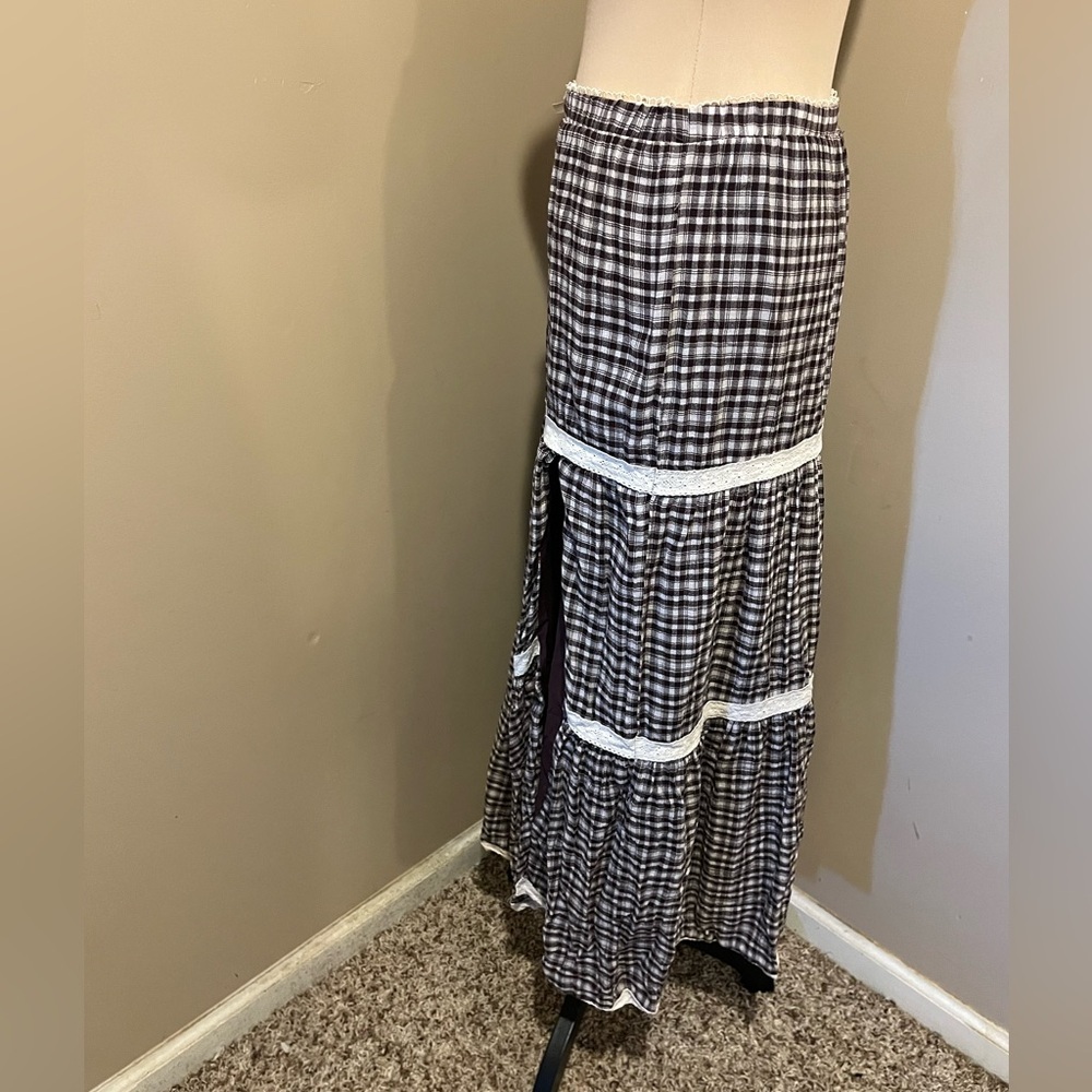 Grey Bandit Montana Skirt Brown & Cream Plaid & Lace Maxi Skirt, Side Slit,  M - Picture 4 of 9